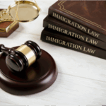Imagen de una mesa con 3 libros sobre leyes de inmigración apilados y en frente el mazo de un juez