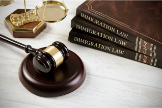 Imagen de una mesa con 3 libros sobre leyes de inmigración apilados y en frente el mazo de un juez